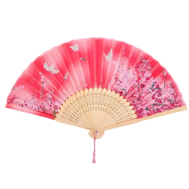 Beautiful japanese fan hand design with pink to coral gradient cherry blossom artwork white butterflies and natural bamboo frame with tassel