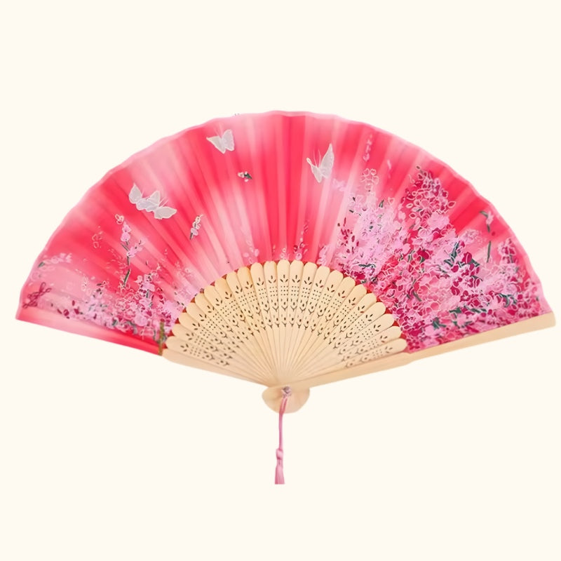 Beautiful japanese fan hand design with pink to coral gradient cherry blossom artwork white butterflies and natural bamboo frame with tassel