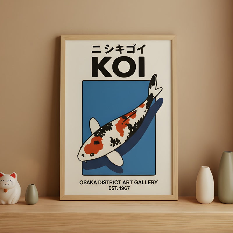 Modern japanese fish printing poster with nishikigoi koi design displayed on wooden shelf with maneki neko and ceramic vases near shoji window