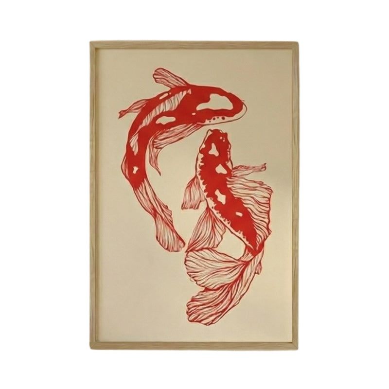 Framed japanese fish prints carp poster featuring two red koi swimming in circular pattern on cream background with natural wood frame