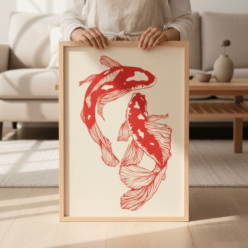 Person holding framed japanese fish prints poster with red koi carp design in minimalist living room with neutral decor