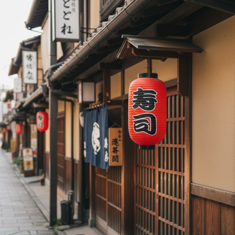 Traditional japanese floating lantern paper with sushi kanji hanging outside wooden storefront on historic street in daylight