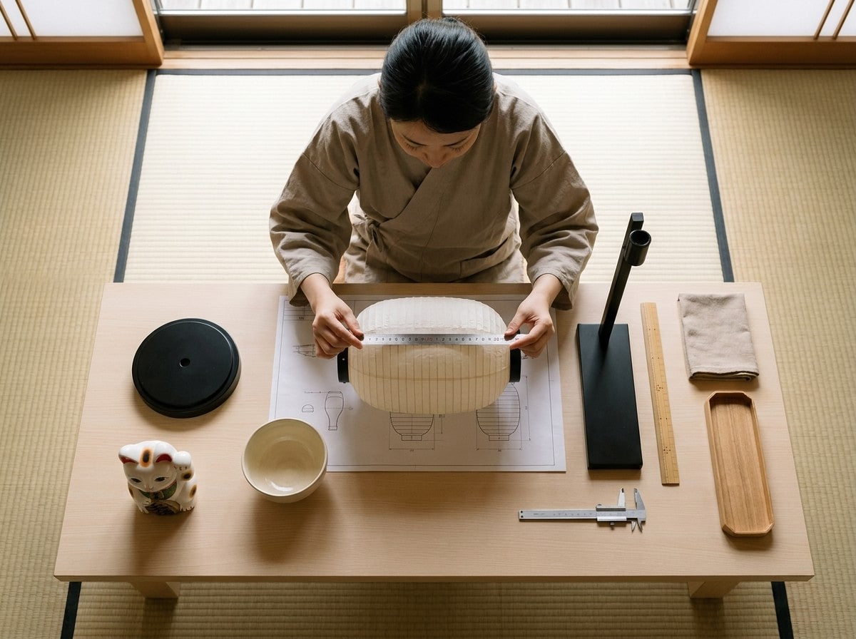 Overhead workshop shot measuring a traditional Japanese floating lantern with pleated cream paper barrel shape on a scale blueprint, maneki neko figurine and calipers on the table