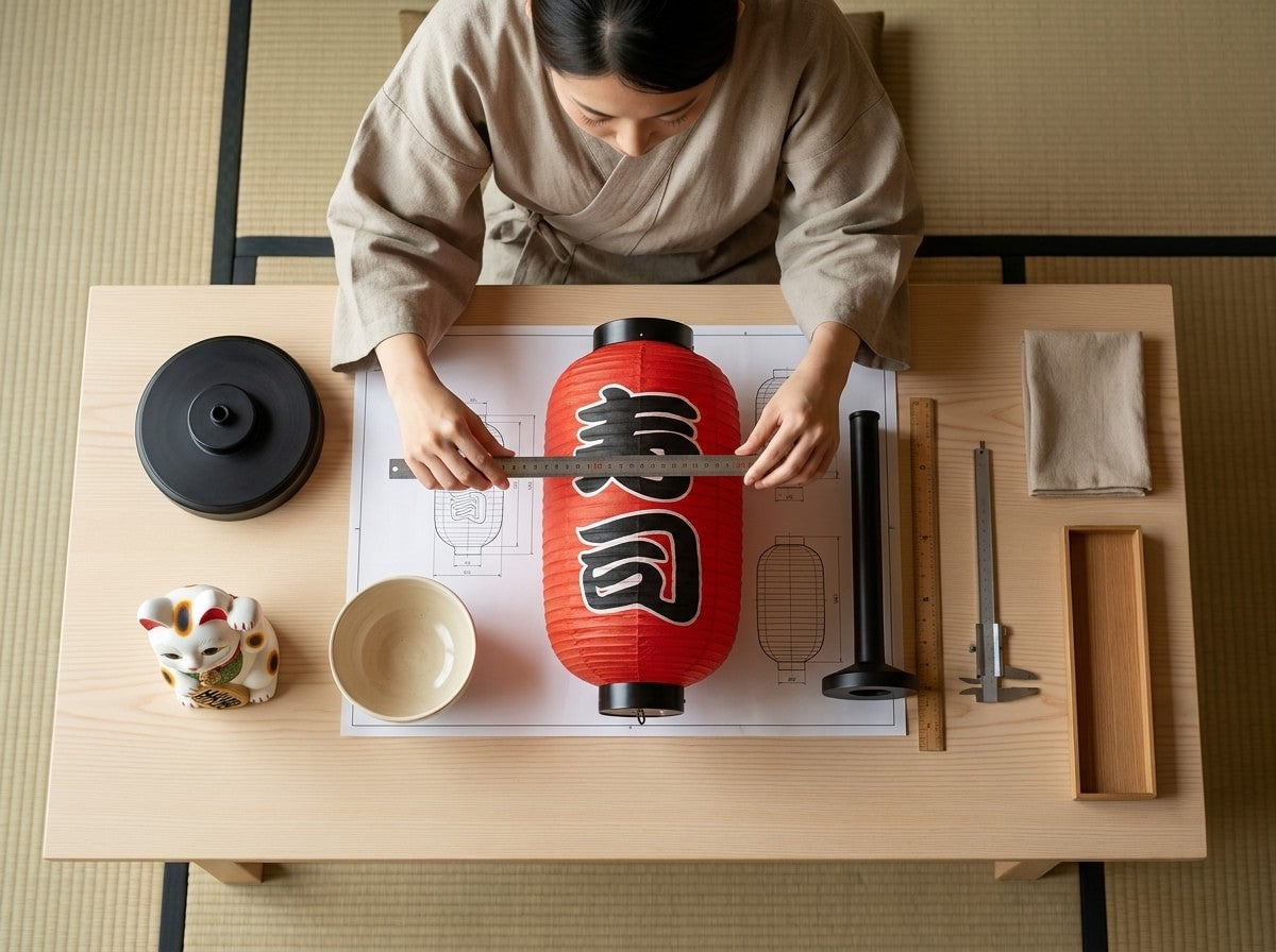 Overhead workshop shot measuring a red Japanese paper lantern with black kanji script on a scale blueprint, maneki neko figurine and calipers on the wooden table