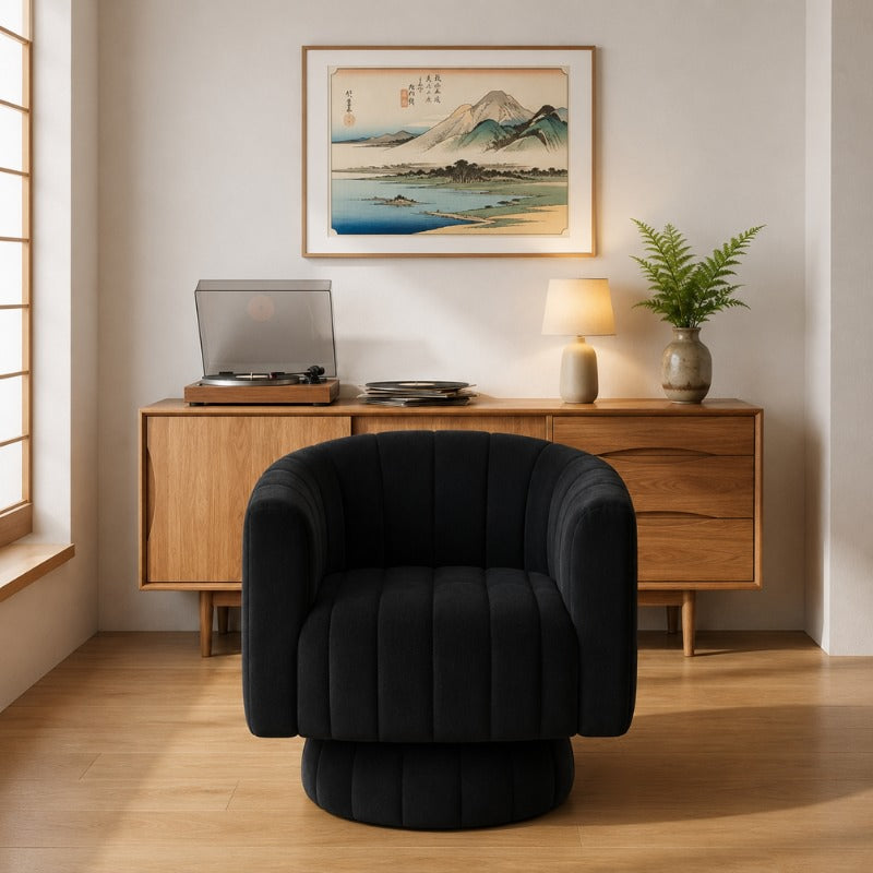 Japanese floor sofa black with rounded bubble design beneath Mount Fuji vintage print and mid-century credenza with turntable