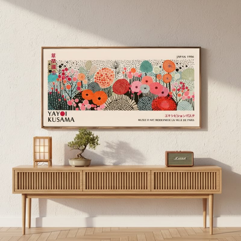 Japanese flowers printing with vibrant botanical patterns displayed above wooden console with bonsai tree and vintage radio in warm interior