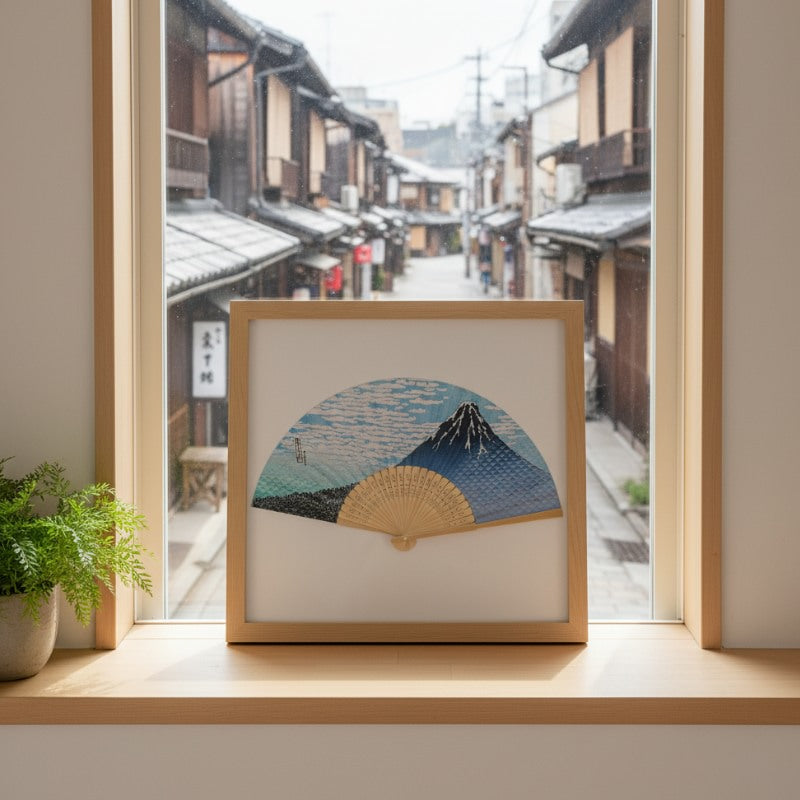 Authentic japanese folding fan traditional with Mount Fuji landscape displayed in wooden frame on window sill overlooking historic snowy Kyoto street