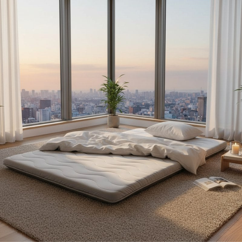 Minimalist japanese futon white with bedding placed on beige carpet in modern apartment with panoramic city skyline views at sunset