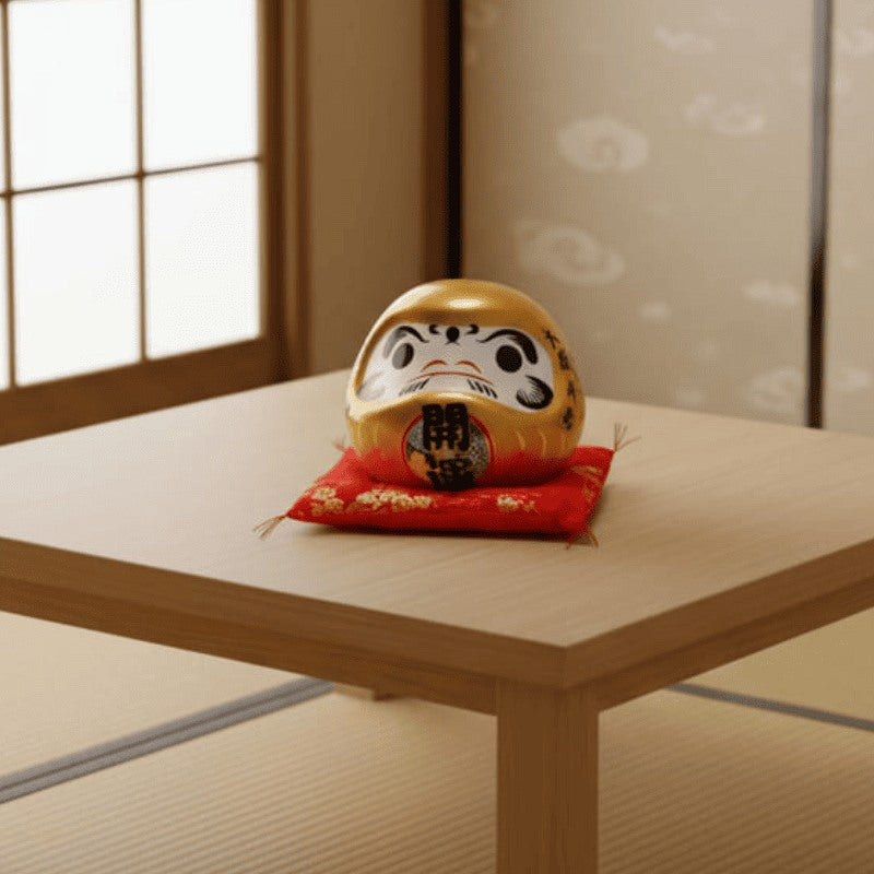 Financial success japanese gold daruma in shimmering finish with kanji calligraphy placed on red cushion atop low table in peaceful tatami floor room