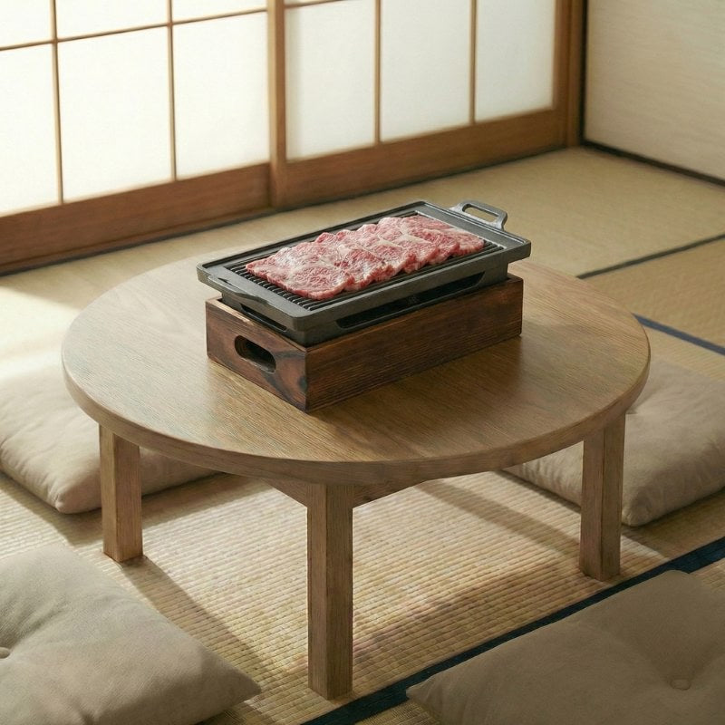 Japanese grill BBQ cooking thinly sliced wagyu beef on rectangular griddle plate over wooden base on traditional low table