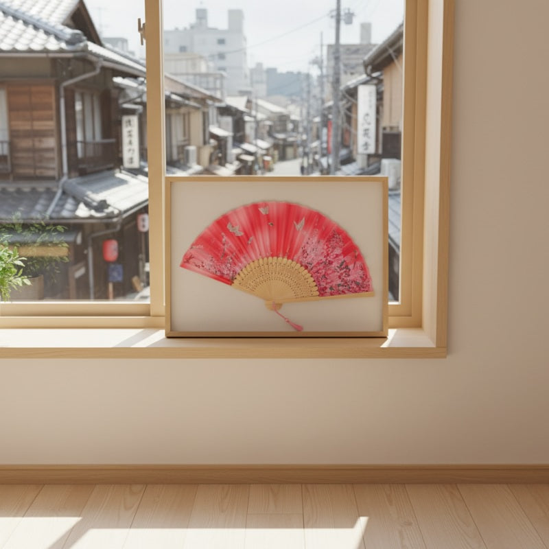 Framed japanese hand fan flowers sakura and butterflies displayed on windowsill overlooking snowy traditional Kyoto street scene