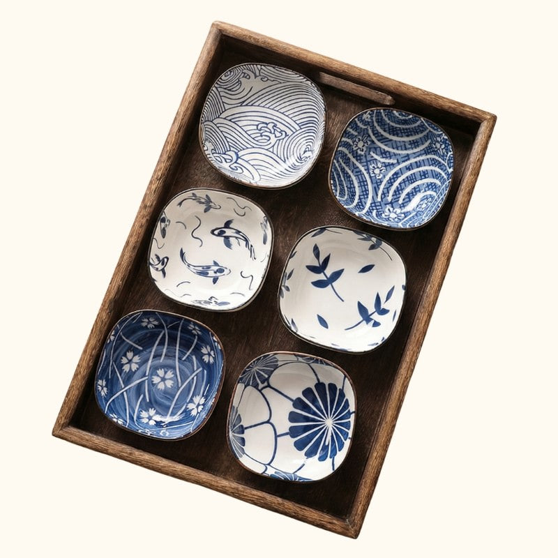 Japanese kobachi bowl set of six square ceramic dishes with traditional blue and white patterns arranged in wooden presentation box