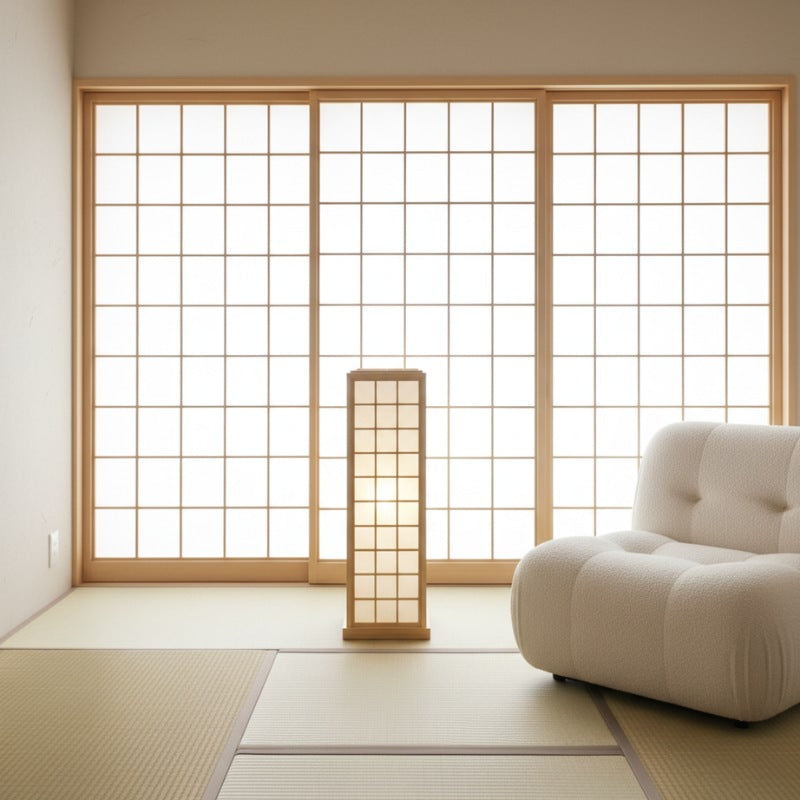 Japanese kumiko lamp tower with geometric grid pattern in traditional tatami room with large shoji screens