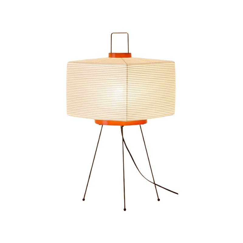 Contemporary japanese lamp floor style with striped cube shade and tripod legs displayed on clean neutral background