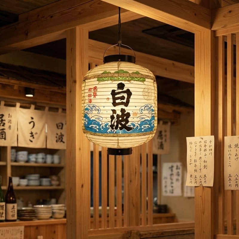 Glowing japanese lamp lantern with blue waves and bold kanji hanging in traditional sake bar interior with wooden beams and menu boards