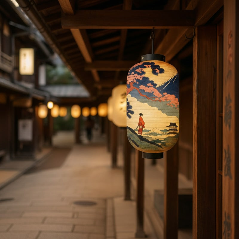 Traditional japanese lamp paper with Mount Fuji ukiyo-e landscape hanging in wooden corridor with glowing lanterns creating atmospheric evening ambiance