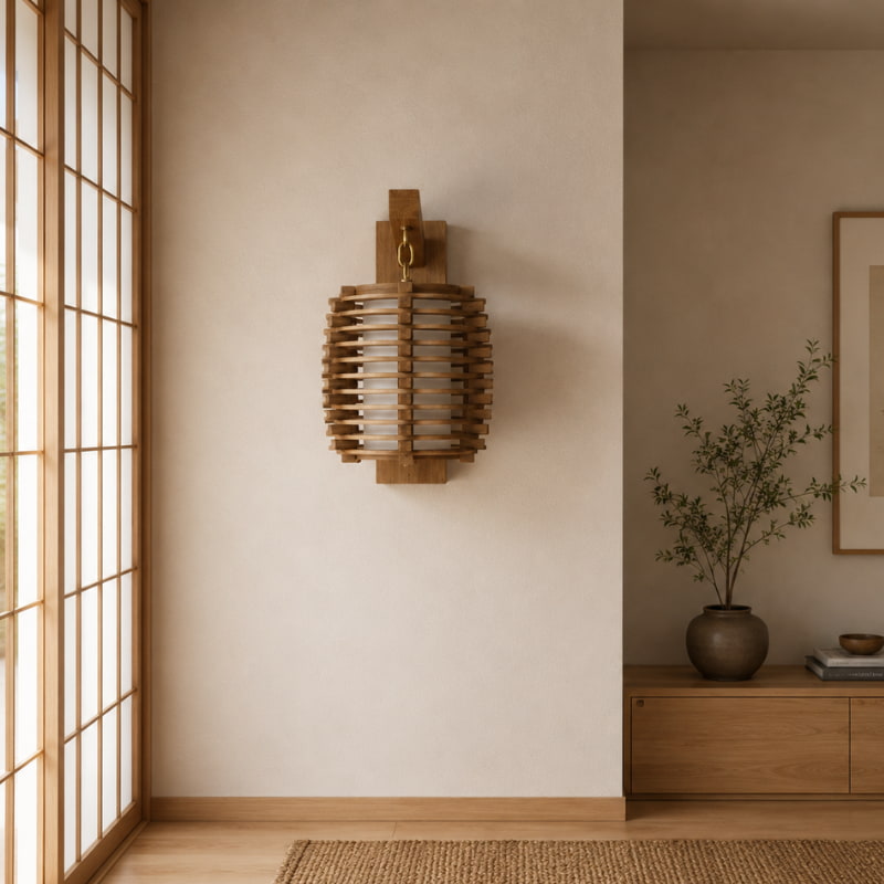 Wooden slatted japanese lamp mounted on a wall beside an open shoji screen door in a minimalist entryway, with a jute rug, potted olive branch, and low wooden credenza