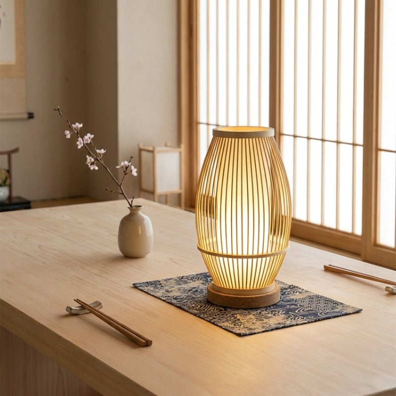 Handcrafted japanese lamp wood with vertical bamboo slats and warm glow on dining table with cherry blossom decor