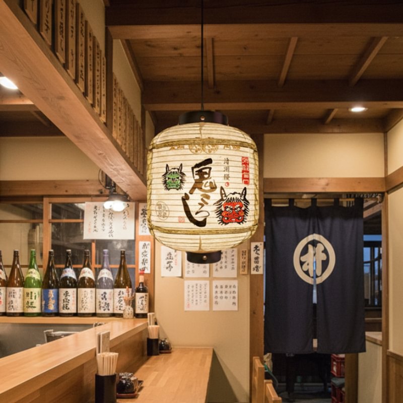 Glowing japanese lantern oni outdoor design with red and green demon masks illuminating traditional izakaya interior with sake bottles and wooden ceiling beams