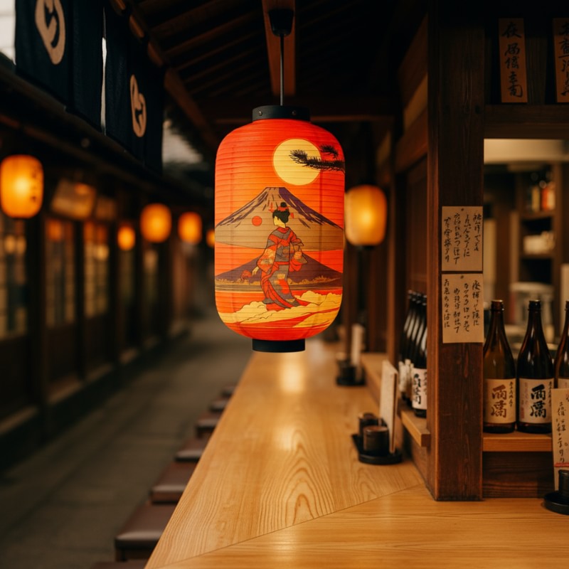 Vibrant orange japanese lantern traditional featuring geisha and Mount Fuji sunset scene hanging in izakaya with wooden interior and sake display