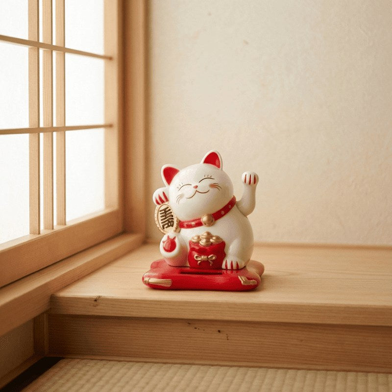 Cheerful white japanese maneki neko cat with raised paws and prosperity coin sitting on red base near shoji screen window catching warm sunlight