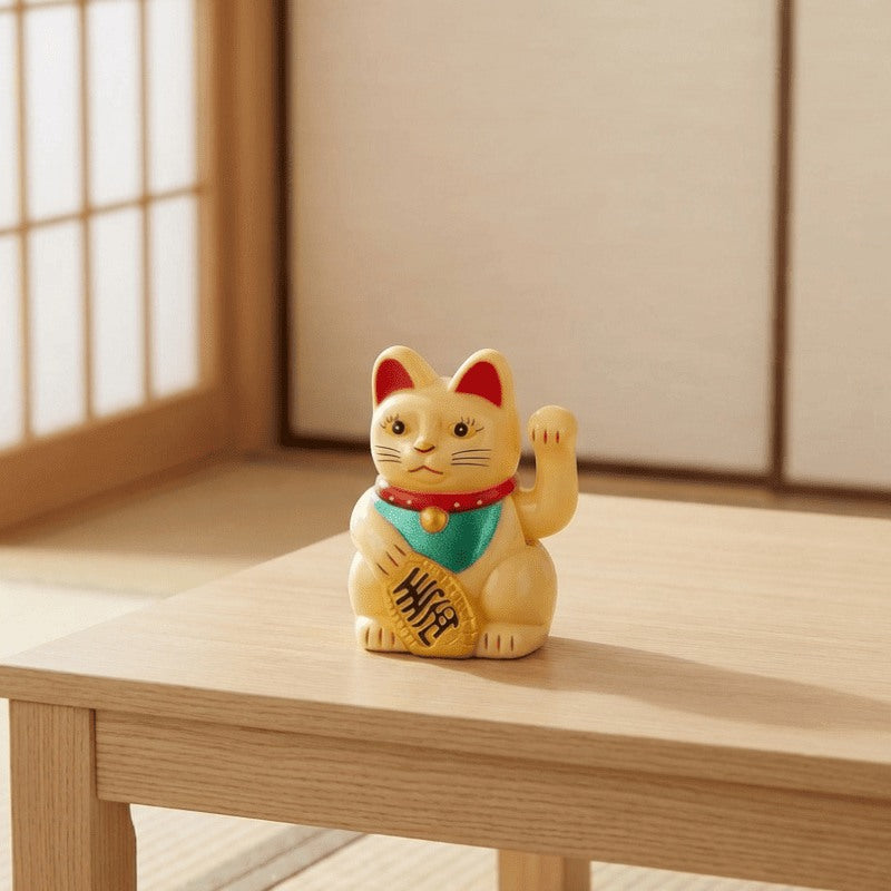 Traditional japanese maneki neko figurine in yellow with red collar on wooden table in tatami room with soft shoji screen lighting