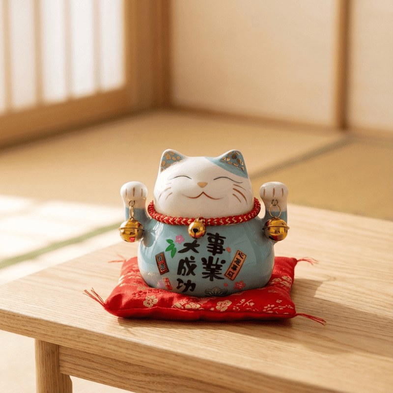 Cheerful japanese maneki neko lucky cat in turquoise ceramic with both paws raised holding golden bells on red cushion in peaceful tatami floor room