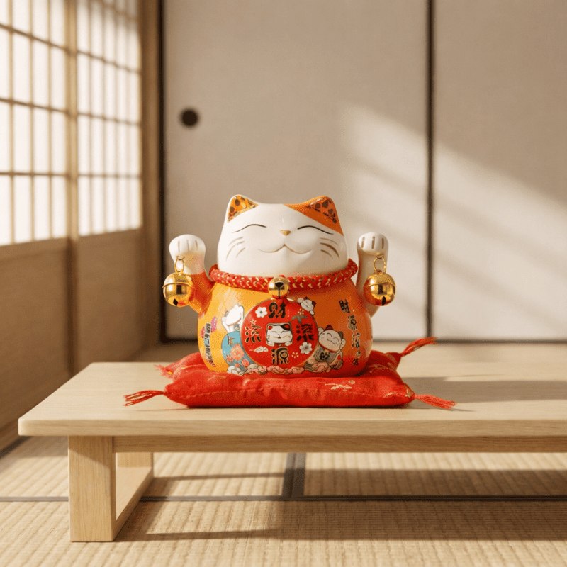 Vibrant japanese maneki neko lucky charm in orange ceramic with kanji characters and golden bells resting on red cushion atop low wooden table setting