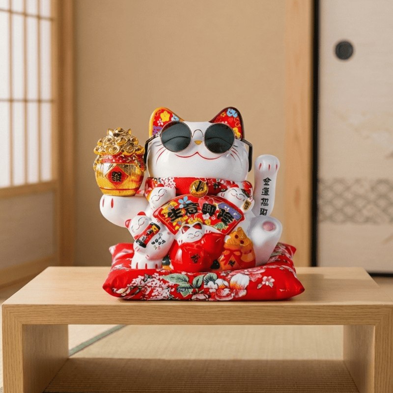 Decorative japanese maneki neko white with sunglasses prosperity fan and companion cats on red floral cushion displayed on wooden console table