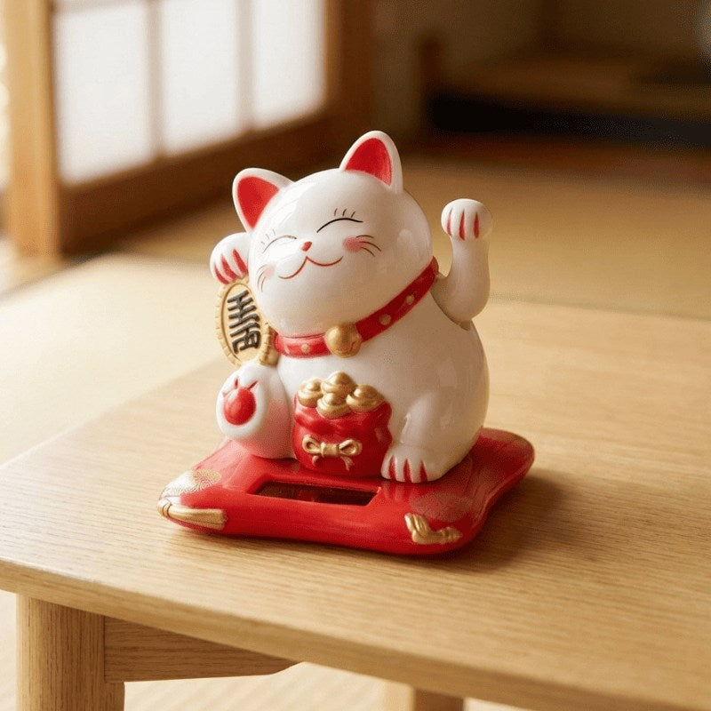 Traditional white japanese maneki neko with beckoning gesture and fortune symbols displayed on red platform atop wooden shelf in natural interior