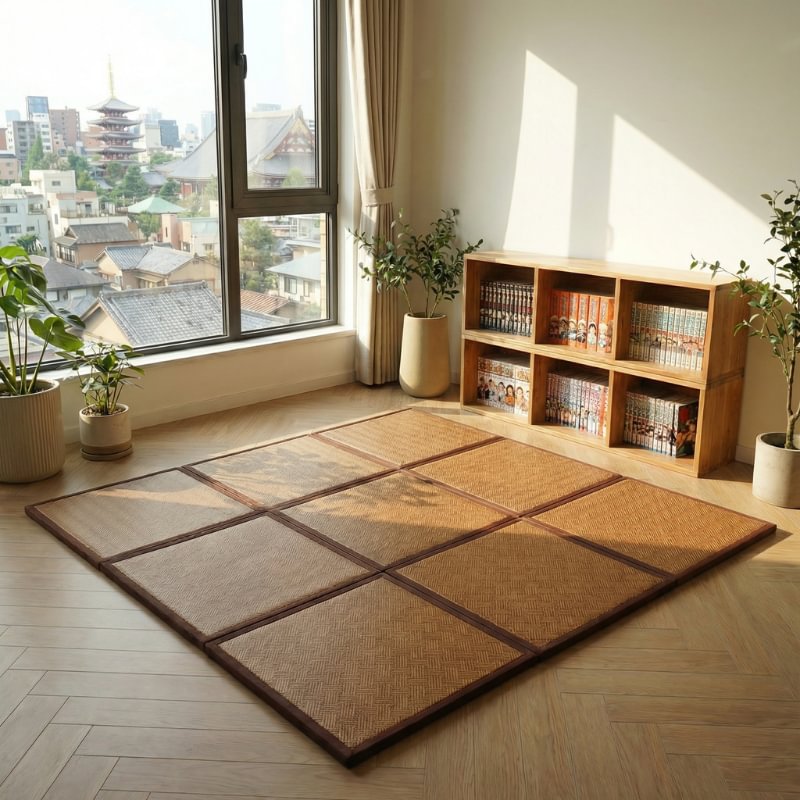 Japanese mat rattan tiles in mixed tones beige grey brown arranged near window overlooking temple pagoda with low bookshelf