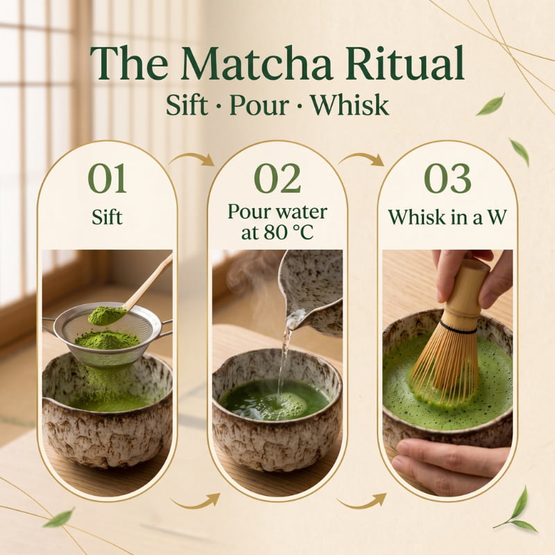 Three step matcha ritual guide showing sifting matcha powder, pouring hot water, and whisking in a W motion