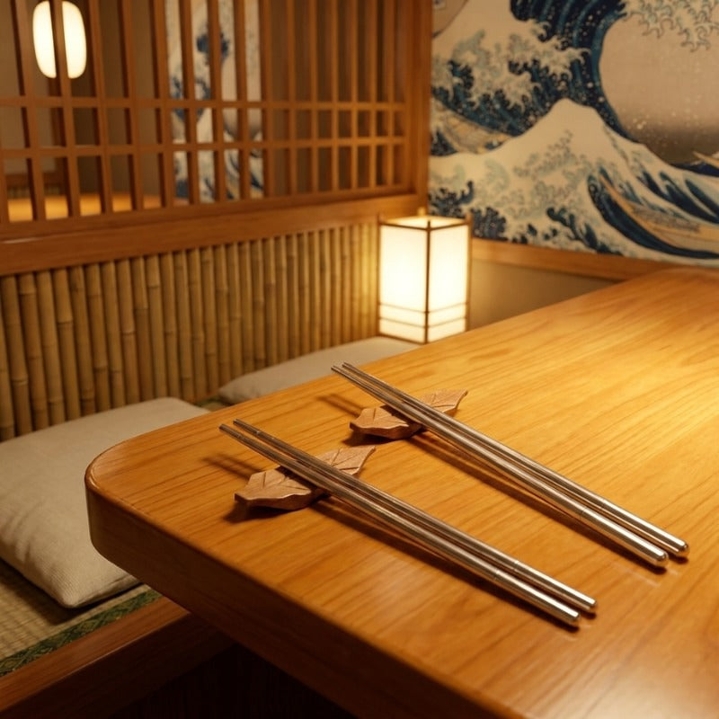 Two pairs of Japanese metal chopsticks in brushed stainless steel on leaf-shaped wooden holders in a traditional izakaya booth with bamboo panels, a paper lantern and a Great Wave mural