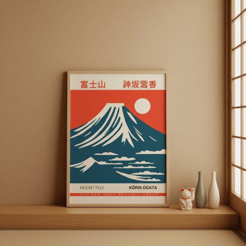 Vintage japanese mont fuji print poster with red sky and blue mountain displayed on wooden shelf beside shoji window with ceramic vases