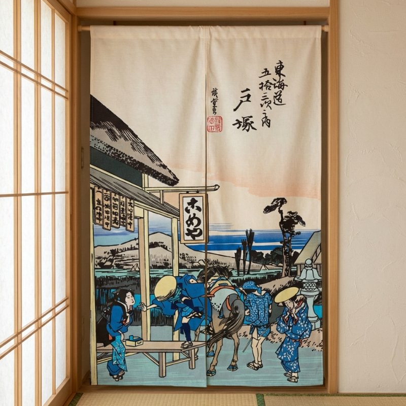 Japanese noren door curtain with Hiroshige Tokaido ukiyo-e street scene installed in traditional room with tatami and shoji doors