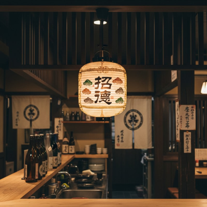 Illuminated japanese outdoor lantern kanji design with pine symbols suspended in authentic izakaya interior with sake bottles and wooden beams