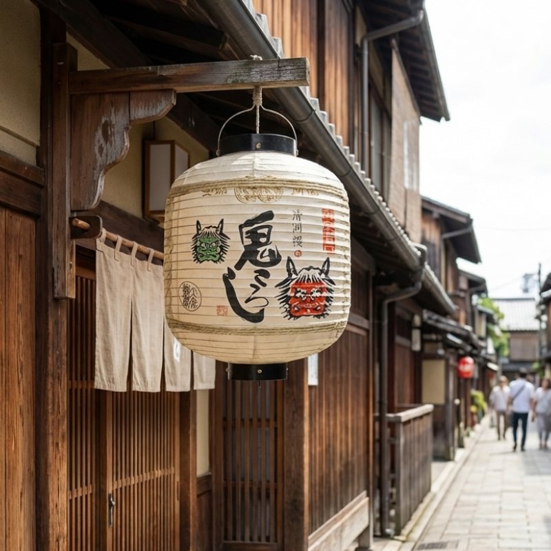 Authentic japanese outdoor lantern oni design with red and green demon faces hanging outside traditional wooden storefront on historic Kyoto street at daytime