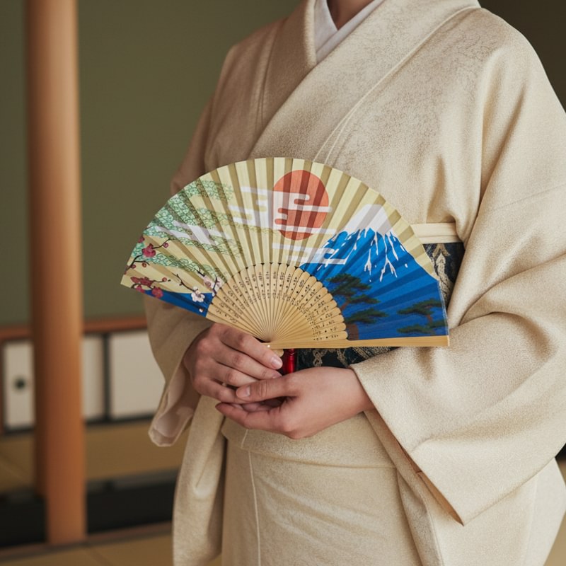 Traditional japanese paper fan with Mount Fuji and sunrise motif held by person wearing beige kimono in authentic tatami room interior setting
