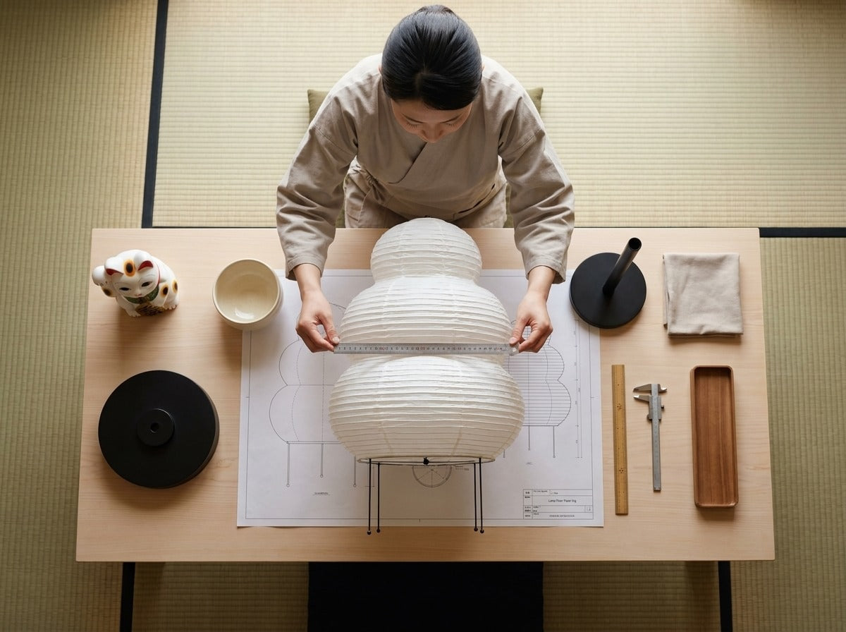Overhead workshop shot measuring a traditional Japanese paper floor lamp with three stacked spherical shades on a scale blueprint, maneki neko figurine and calipers on the table