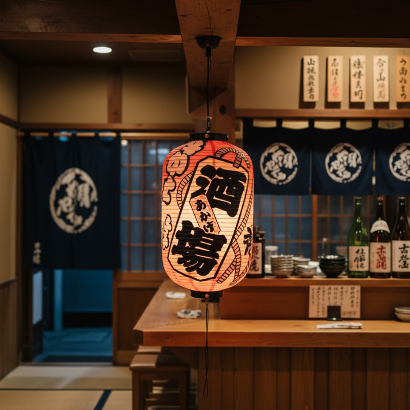 Glowing japanese paper lanterns red with bold kanji calligraphy hanging in authentic izakaya interior with wooden counter and sake bottles