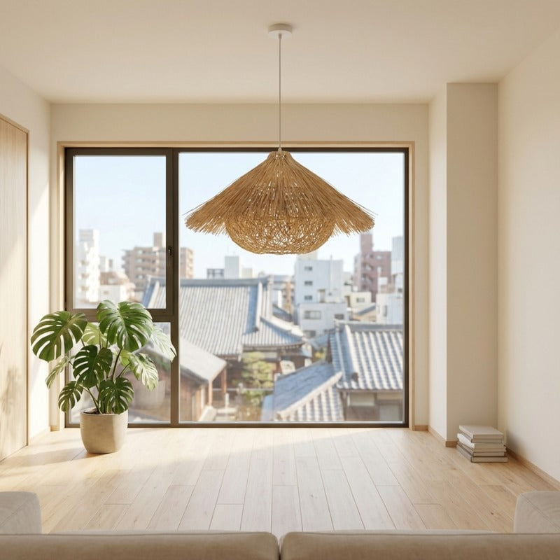 Japanese pendant rattan light with conical woven shade in minimalist living room with floor-to-ceiling window and monstera plant