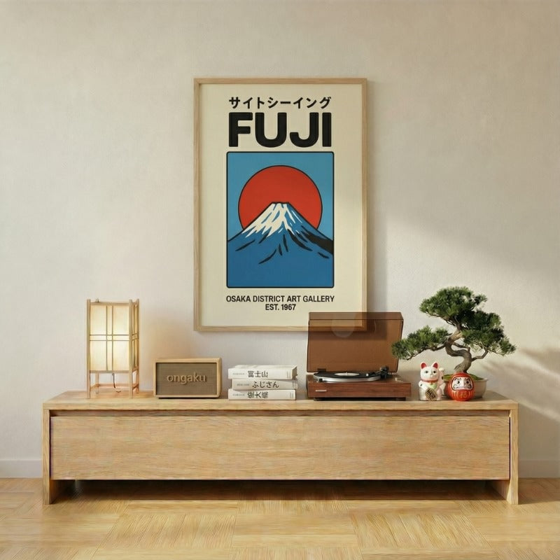 Traditional japanese poster retro design showing Mount Fuji and sunset displayed above wooden console with vinyl player daruma and maneki neko figurines