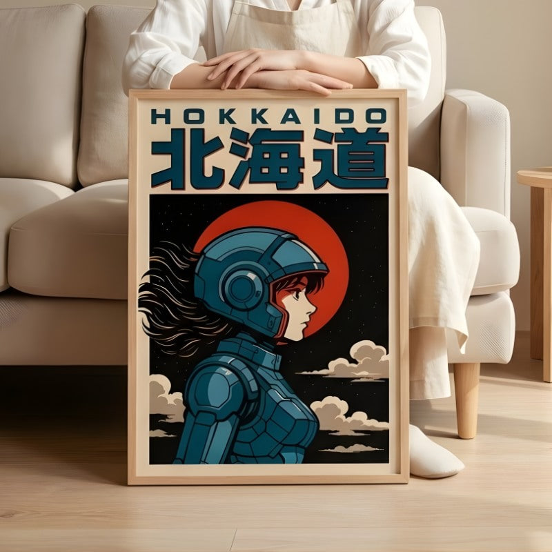 Elegant japanese print fabric poster with Hokkaido astronaut design held by person in minimalist living room with cream sofa and wooden furniture