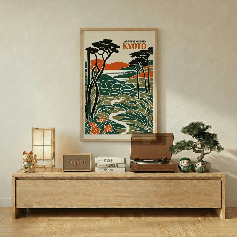 Kyoto japanese print poster showing garden landscape with pine trees and orange sunset mounted above console with record player and bonsai