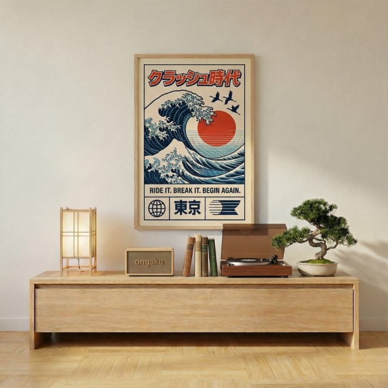 Retro japanese print the wave poster featuring great wave artwork with red sun and flying birds displayed above wooden console with bonsai and vintage radio