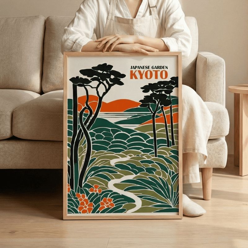 Person in linen clothing presenting framed japanese print of Kyoto garden with layered landscape and traditional trees in modern interior