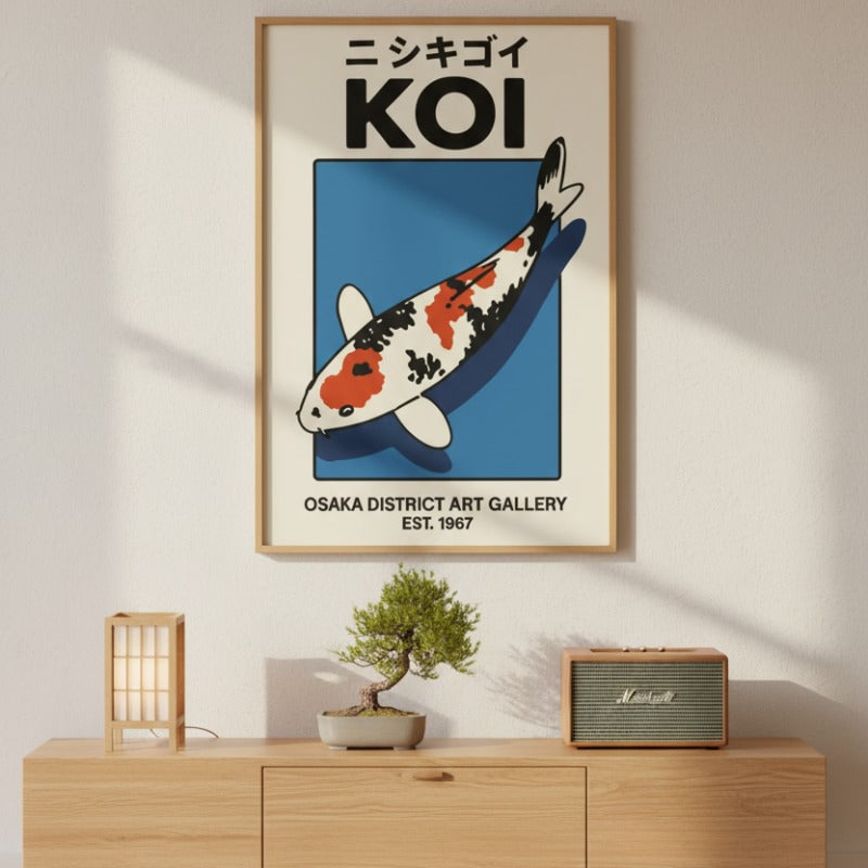 Elegant japanese printing fish poster showing tri-color koi swimming pattern displayed above wooden console with bamboo lamp bonsai and vintage radio