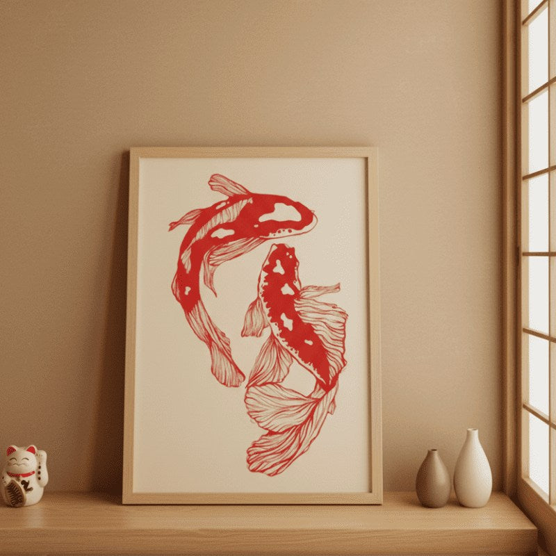 Red koi japanese prints fish poster in wooden frame leaning on shelf near shoji screen with maneki neko and ceramic vases