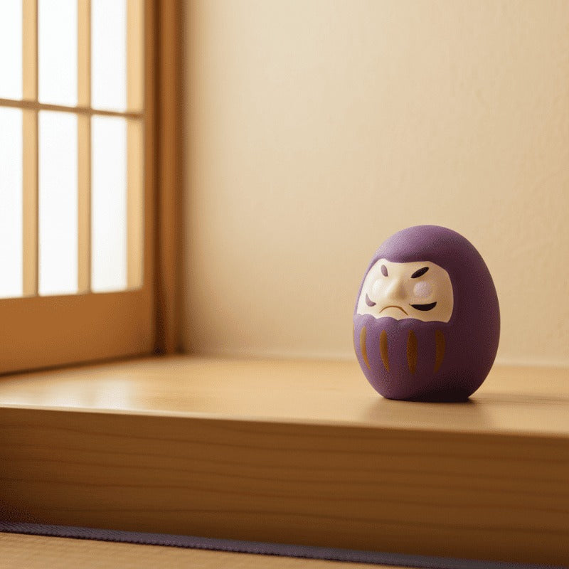 Healing japanese purple daruma with peaceful expression sitting on wooden windowsill beside shoji screen with natural sunlight in minimalist space