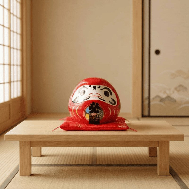 Vibrant japanese red daruma doll with black kanji belly resting on red silk cushion atop wooden table near traditional shoji screen window with sunlight
